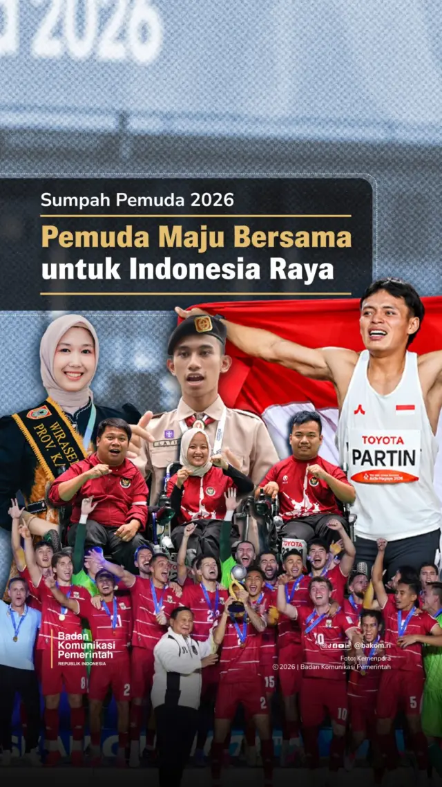 Indonesia tumbuh dari banyak mimpi, langkah, dan karya anak mudanya. Ada yang belajar di ruang kelas, bekerja membantu keluarga, merintis usaha kecil, menjaga tradisi juata, hingga menciptakan dampak kebermanfaatan untuk lingkungannya, untuk Indonesia.

Dengan semangat patriotik, kegigihan, dan empati, mari jadikan setiap karya sebagai kontribusi untuk Indonesia. Sebab masa depan bangsa tumbuh dari apa yang kita kerjakan hari ini.

Selamat Hari Sumpah Pemuda 2026. Mari terus berkarya, tumbuh bersama, dan melangkah untuk Indonesia Raya!

#SumpahPemuda2026
#BadanKomunikasiPemerintah