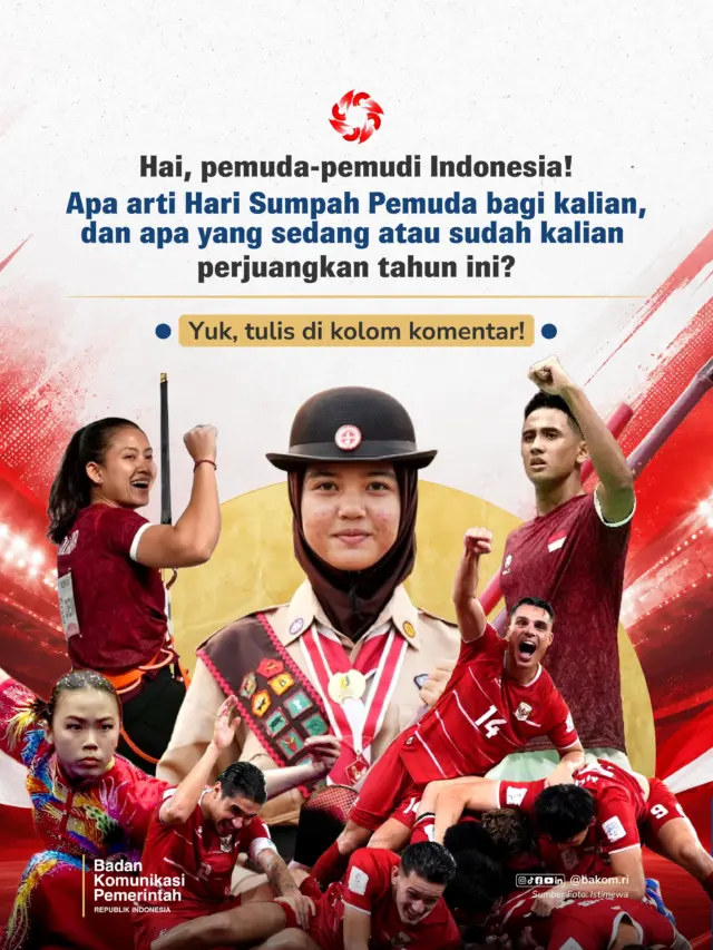 Selamat Hari Sumpah Pemuda! Semangat persatuan terus hidup lewat langkah-langkah anak muda Indonesia hari ini.

Apa arti Hari Sumpah Pemuda bagi kalian, dan apa yang sedang atau sudah kalian perjuangkan tahun ini? Yuk, tulis di kolom komentar!

#SumpahPemuda2026
#BadanKomunikasiPemerintah